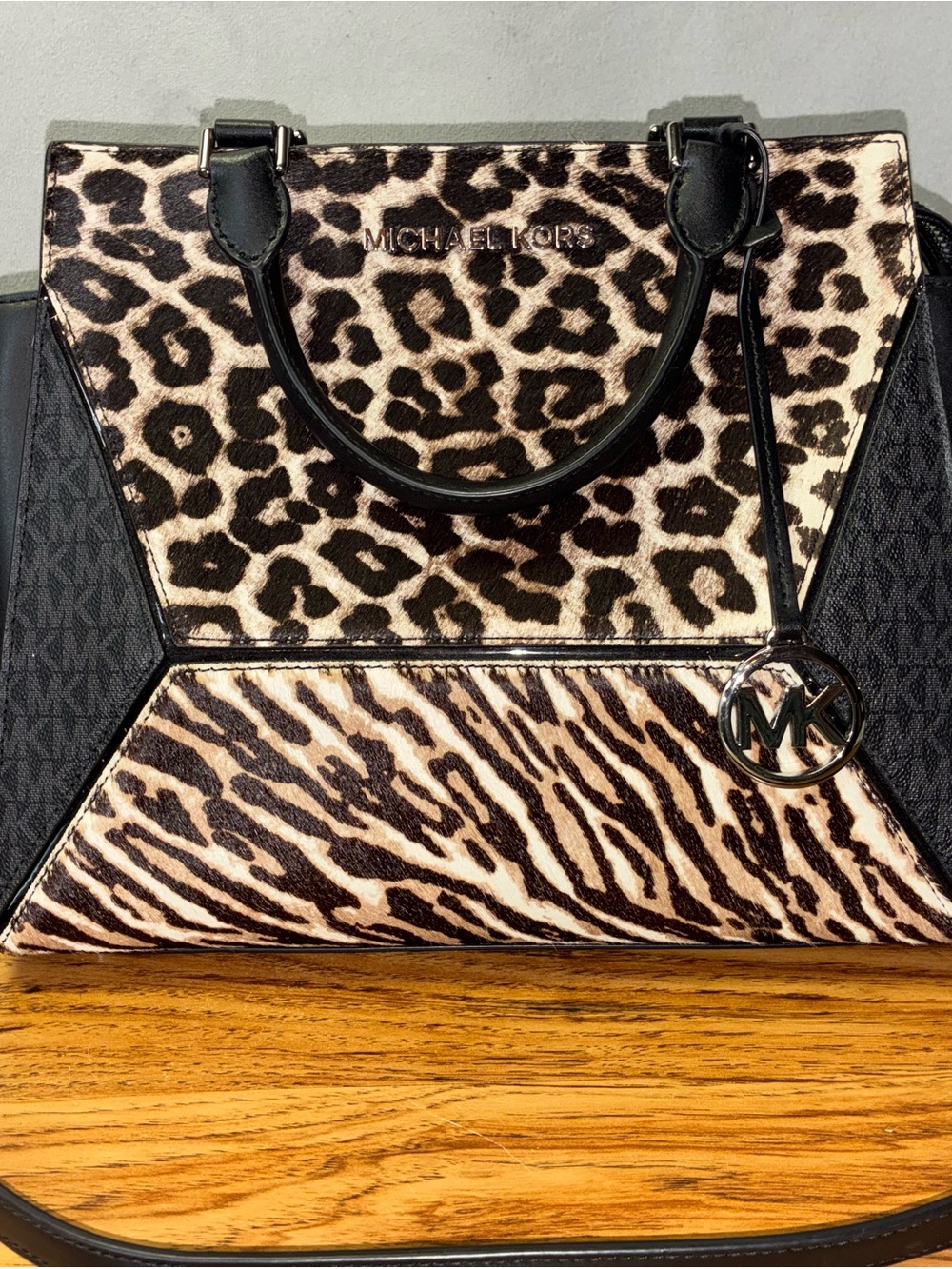 Michael Kors Animal Print Satchel - Black/Tan/Cream
